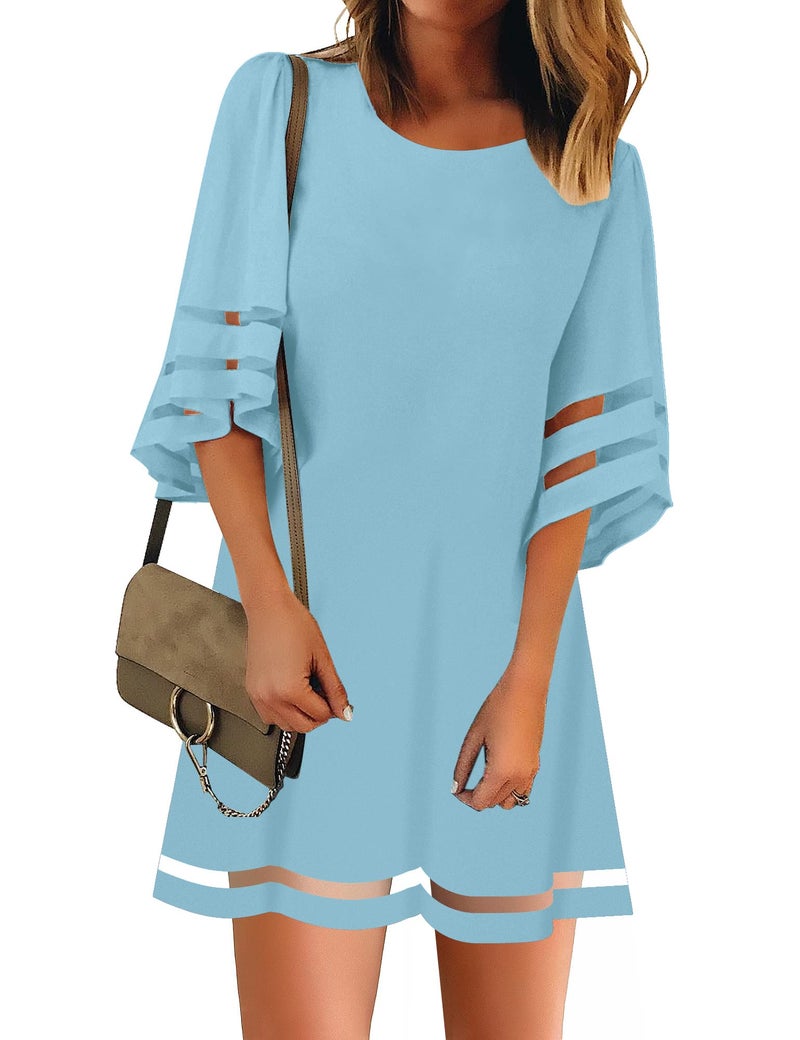 LookbookStore Women's Summer Tunic Dress - Crewneck 3/4 Sleeve, Bell Sleeve, Air Blue Light Blue Wedding Guest Dress Size M/8-10 - Image 1